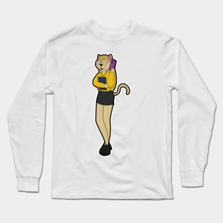 Cat as Secretary with Laptop and Mobile phone Long Sleeve T-Shirt